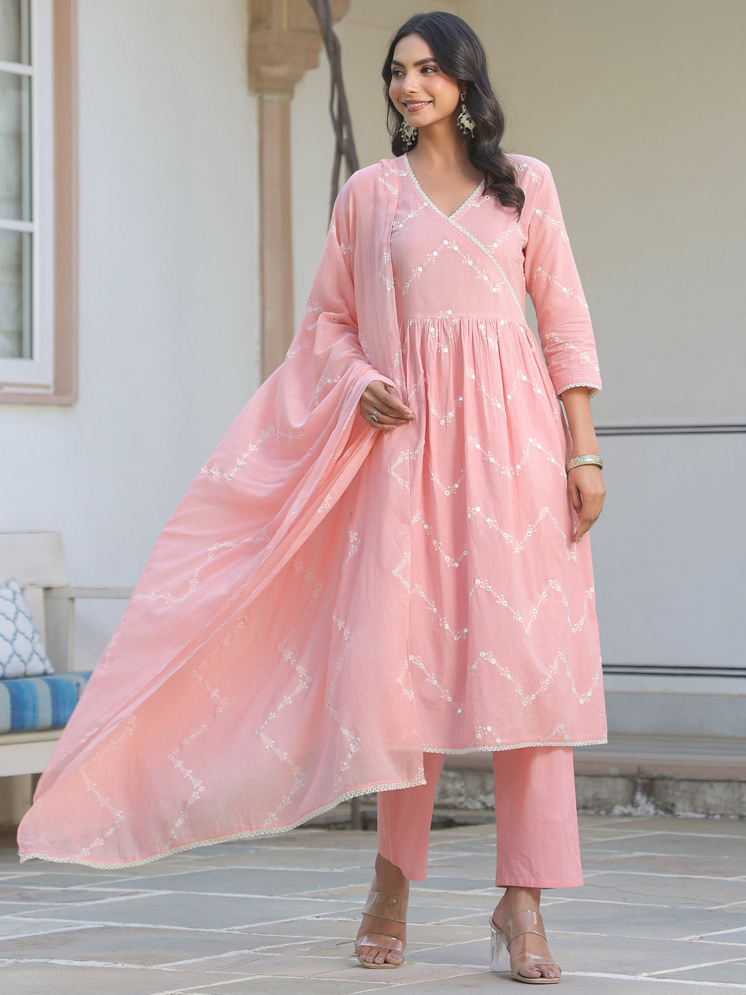 Peach Cotton A-Line Embroidered 3-Piece Kurta Set