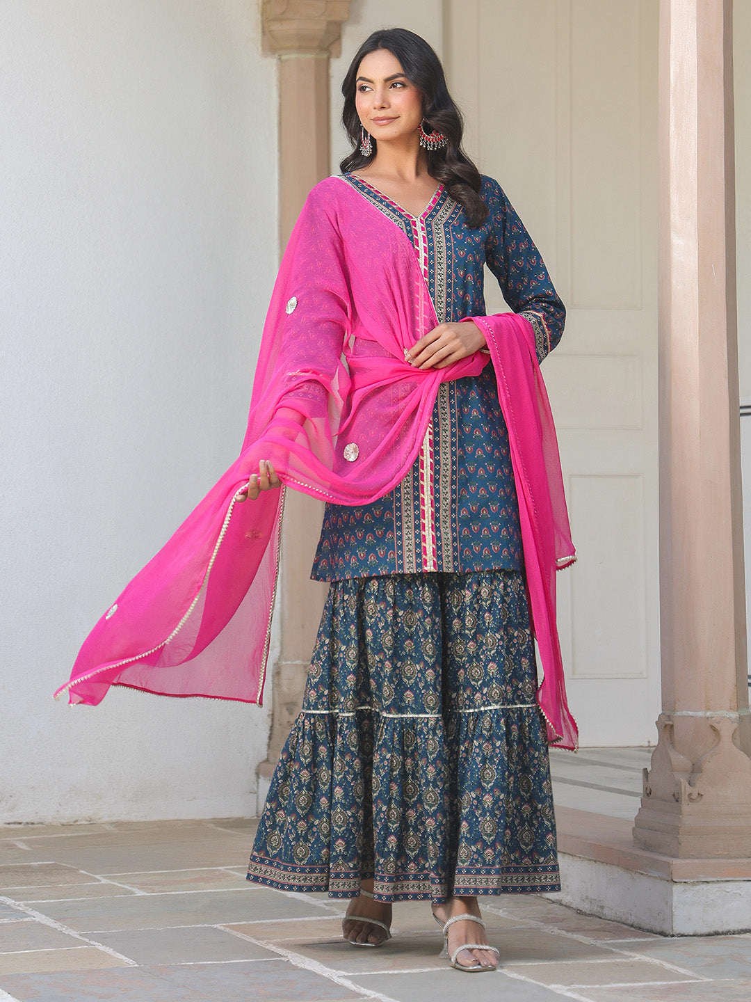 Dark Blue Cotton A-Line Ethnic Motifs 3-Piece Kurta Set