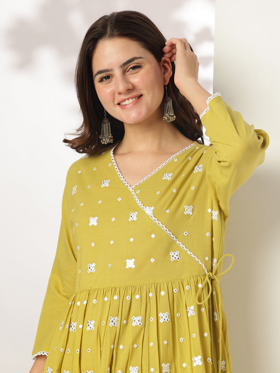 Yellow Cotton Angrakha Embroidered 3-Piece Kurta Set
