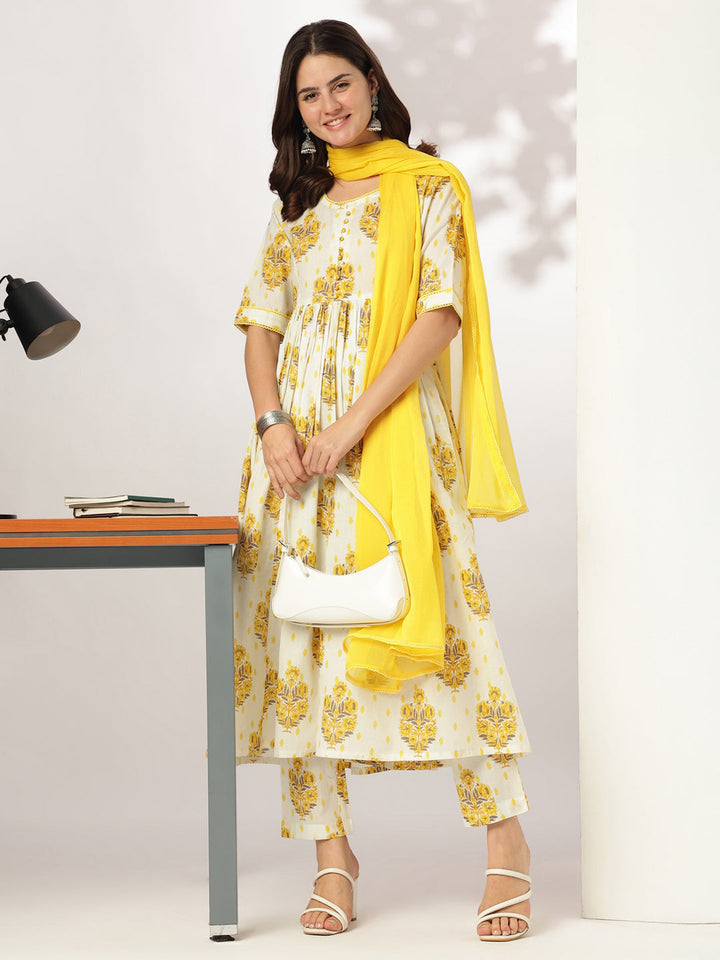 Off-White-&-Yellow-Cotton-Floral-Printed-3-Piece-Kurta-Set