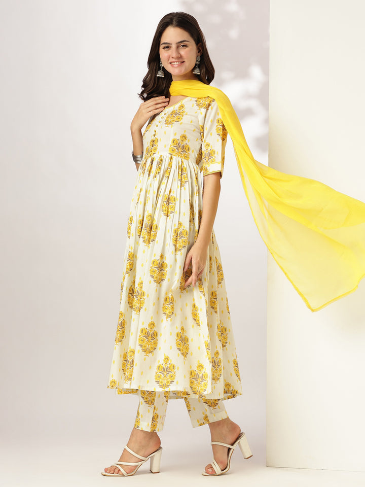 Off-White & Yellow Cotton Floral Printed 3-Piece Kurta Set