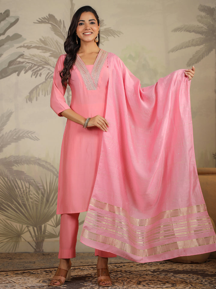 Pink-Silk-Blend-Straight-Embroidered-3-Piece-Kurta-Set