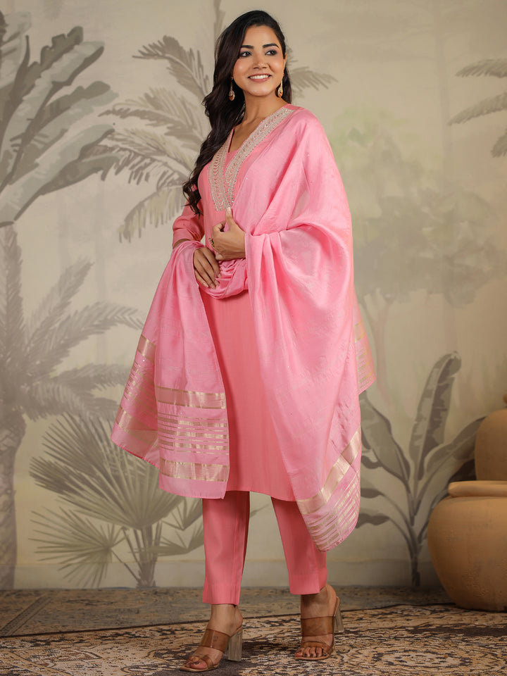 Pink-Silk-Blend-Straight-Embroidered-3-Piece-Kurta-Set