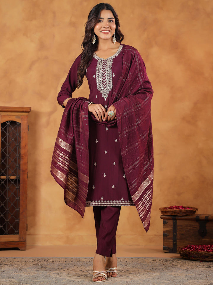 Wine-Chanderi-Straight-Embroidered-3-Piece-Kurta-Set