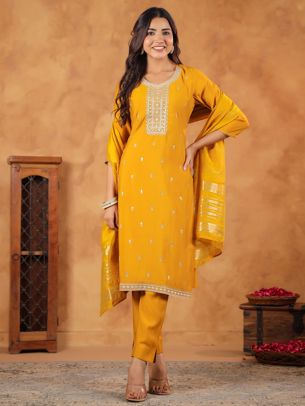 Mustard-Chanderi-Straight-Embroidered-3-Piece-Kurta-Set