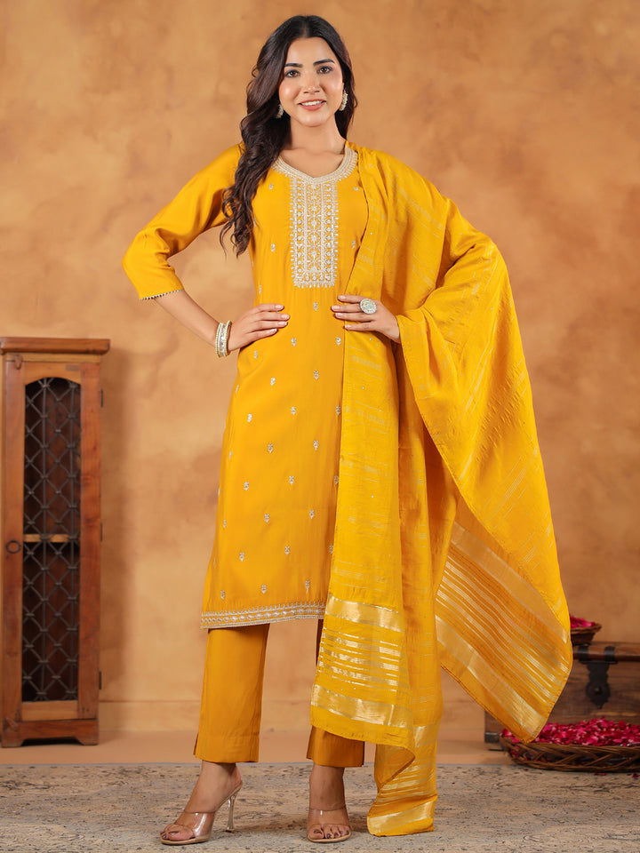 Mustard-Chanderi-Straight-Embroidered-3-Piece-Kurta-Set