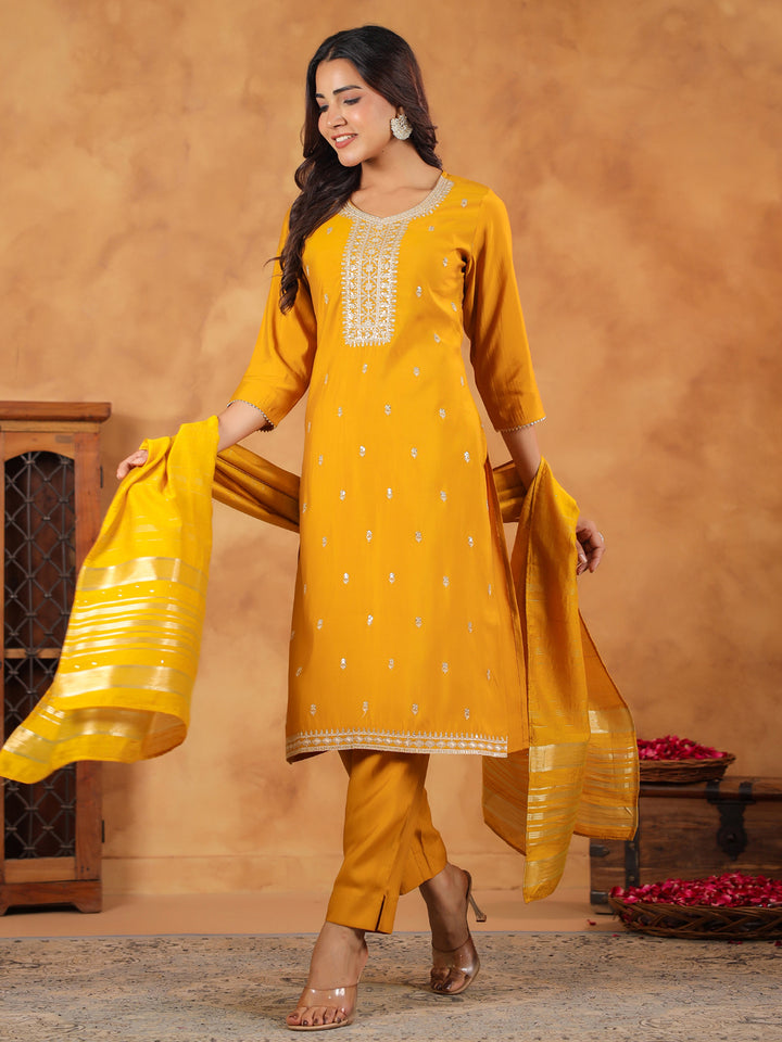 Mustard-Chanderi-Straight-Embroidered-3-Piece-Kurta-Set