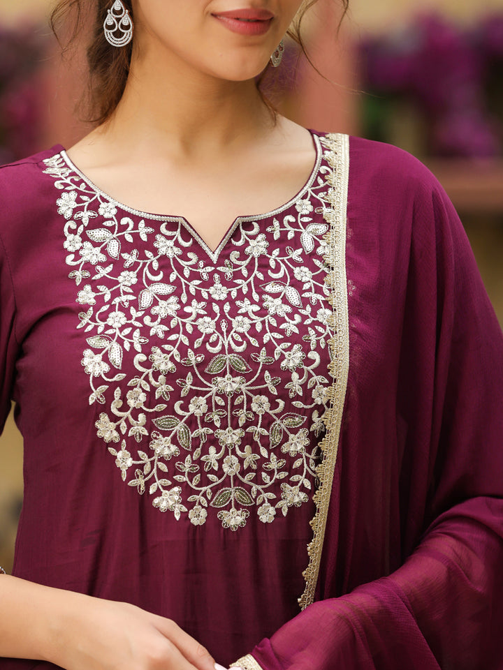 Wine-Chanderi-Yoke-Embroidered-3-Piece-Kurta-Set