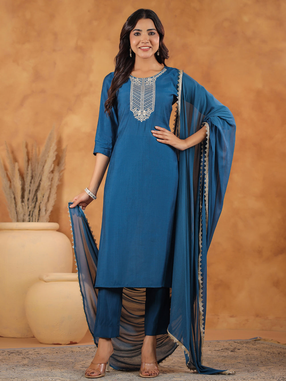 Teal-Blue-Chanderi-Straight-3-Piece-Kurta-Set