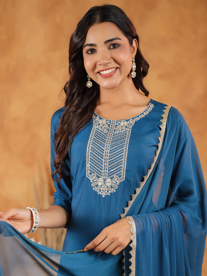 Teal-Blue-Chanderi-Straight-3-Piece-Kurta-Set