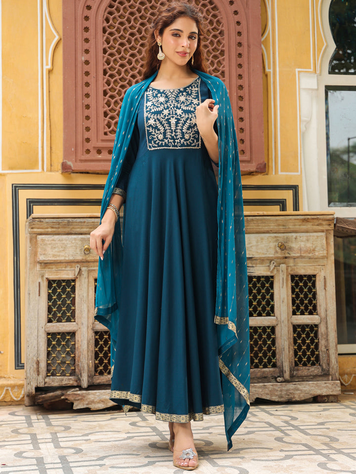 Teal-Blue-Rayon-Anarkali-Yoke-Embroidered-3-Piece-Kurta-Set