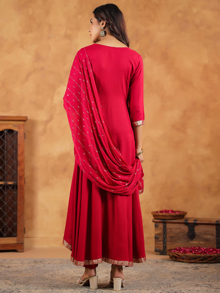 Pink Rayon Fit & Flare Embroidered 3-Piece Kurta Set