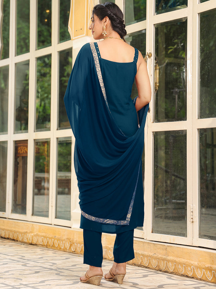 Teal Rayon Straight Foil Print 3-Piece Kurta Set