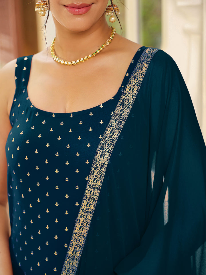 Teal Rayon Straight Foil Print 3-Piece Kurta Set