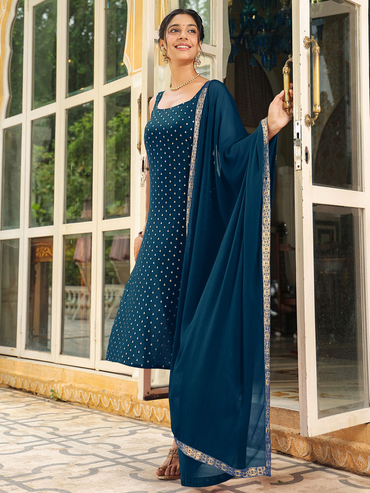 Teal Rayon Straight Foil Print 3-Piece Kurta Set