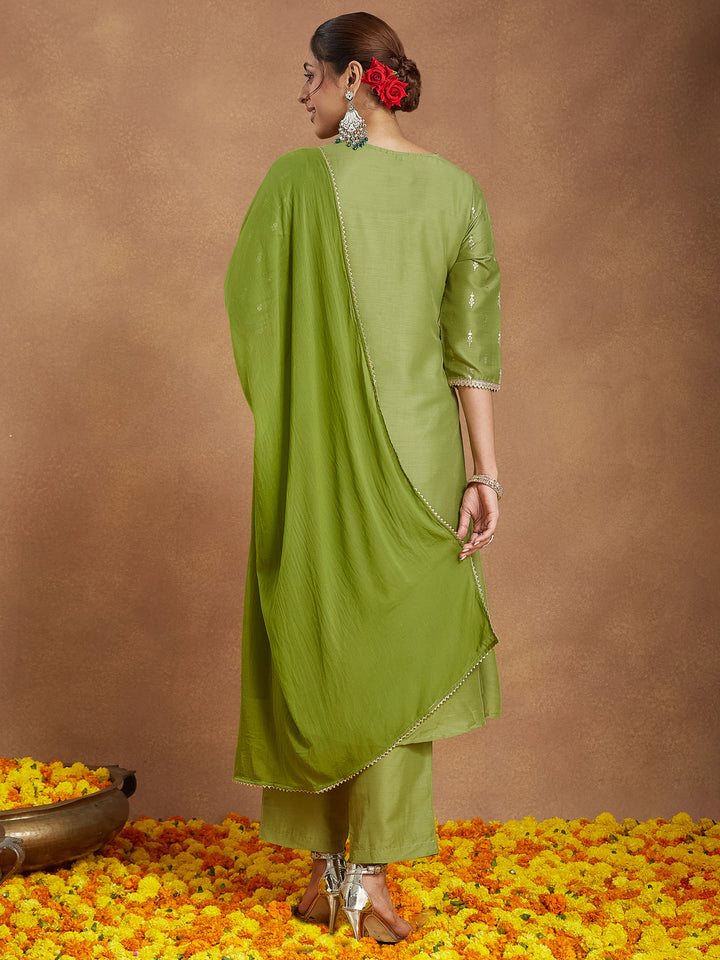Green Muslin A-Line Foil Print 3-Piece Kurta Set