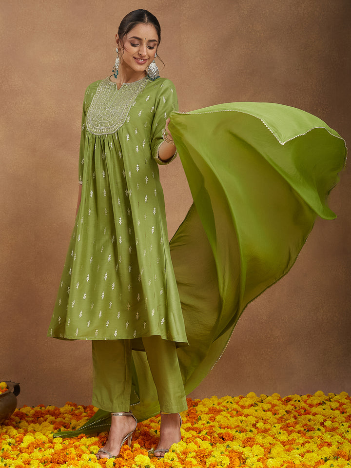 Green Muslin A-Line Foil Print 3-Piece Kurta Set