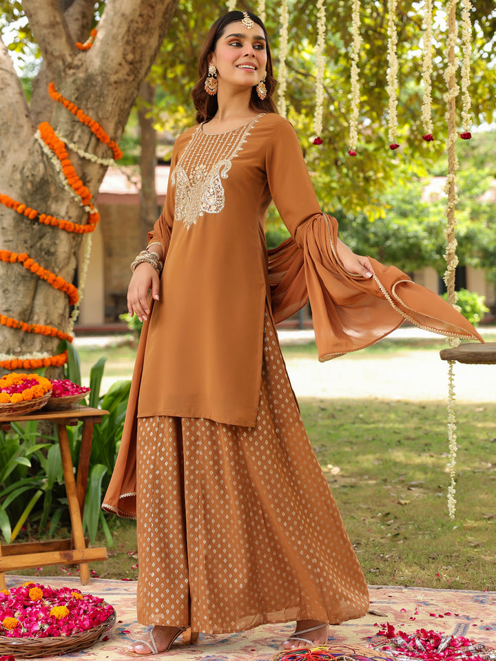 Brown Weightless Georgette Straight Embroidered 3-Piece Kurta Set