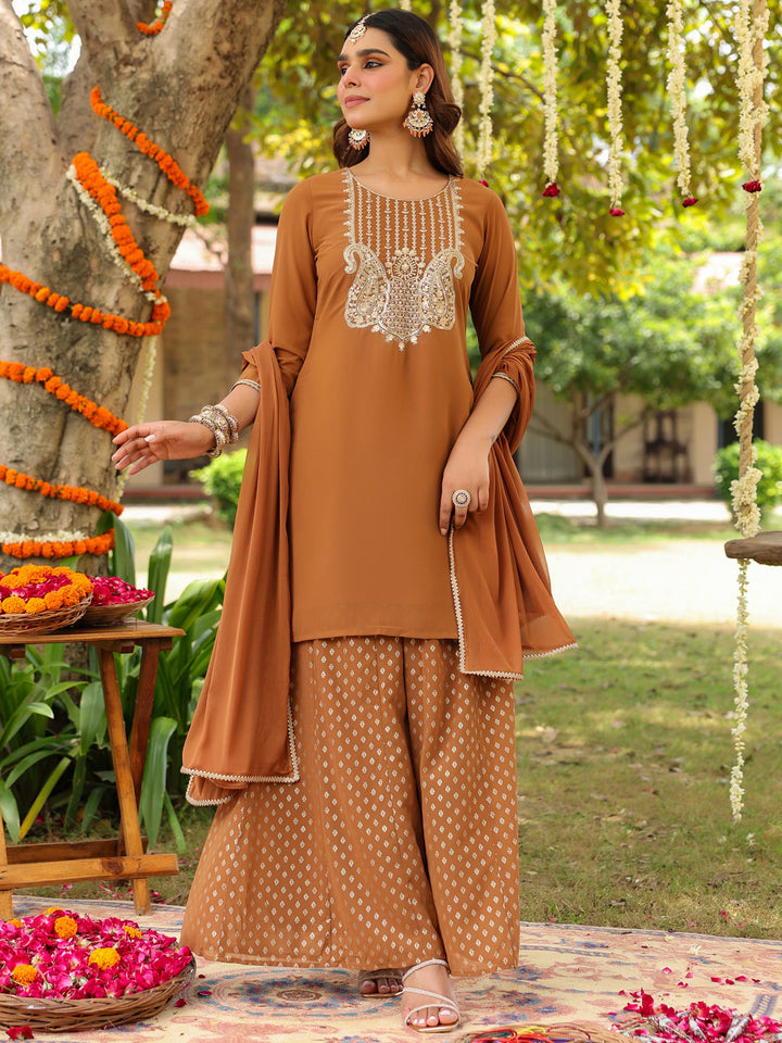 Brown Weightless Georgette Straight Embroidered 3-Piece Kurta Set