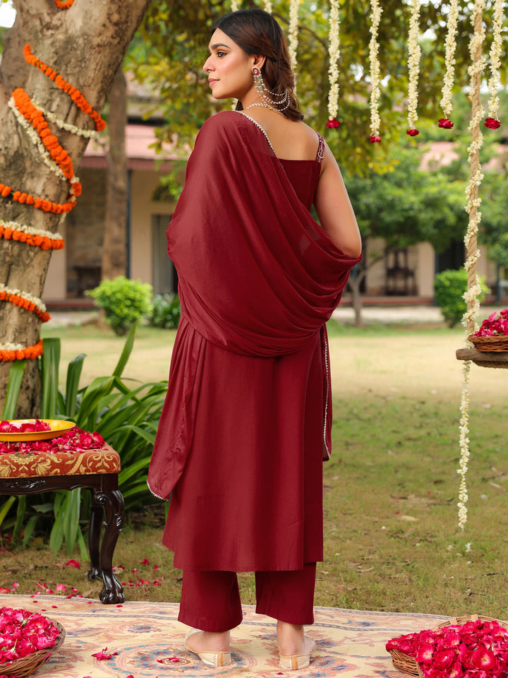 Maroon Pv Chanderi A-Line Embroidered 3-Piece Kurta Set