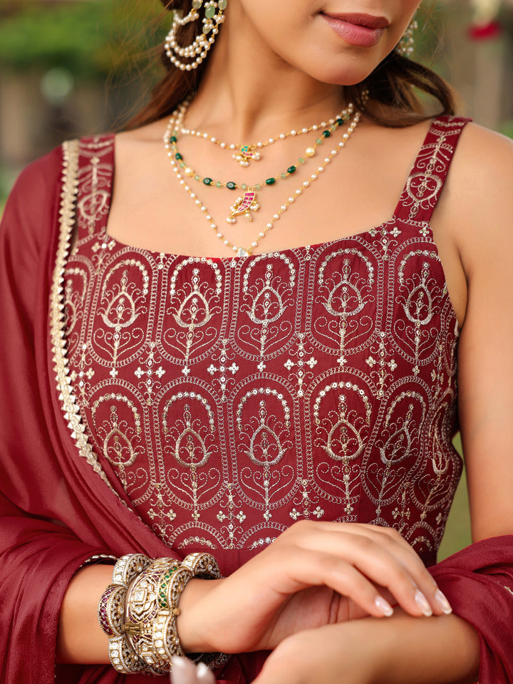 Maroon Pv Chanderi A-Line Embroidered 3-Piece Kurta Set