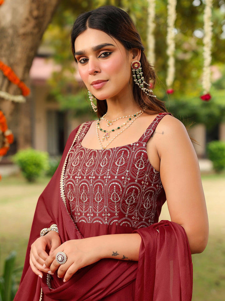 Maroon Pv Chanderi A-Line Embroidered 3-Piece Kurta Set