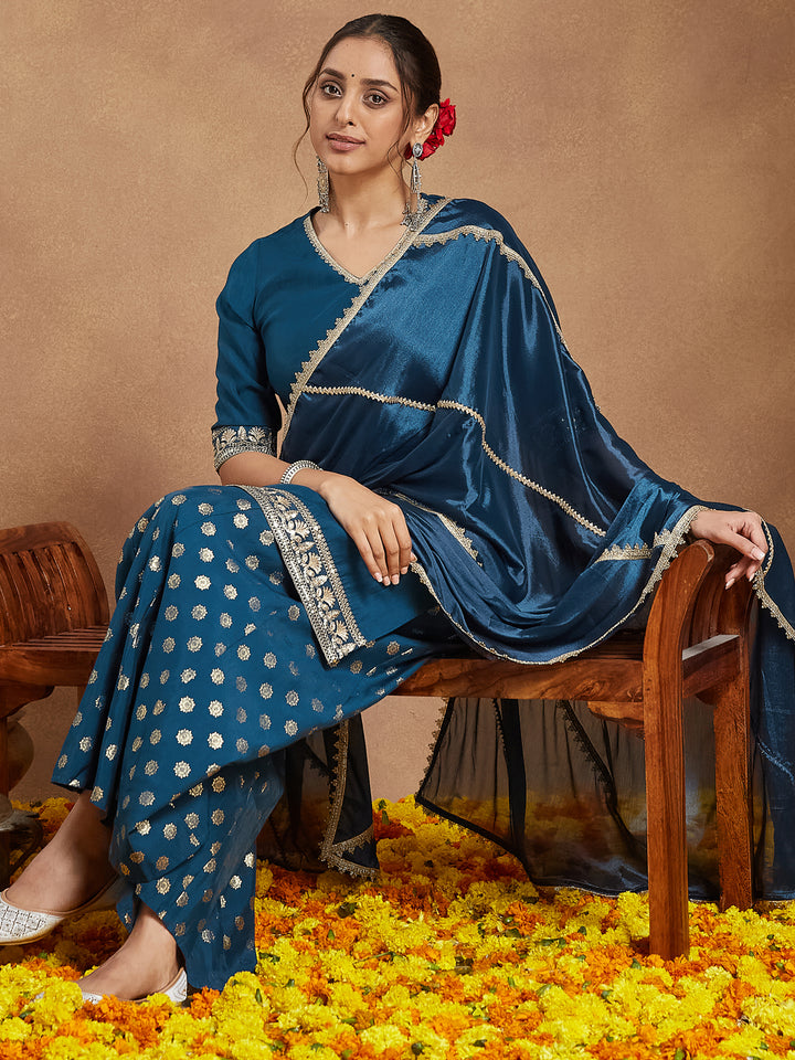 Teal Chanderi Straight Embellished 3-Piece Sharara Set