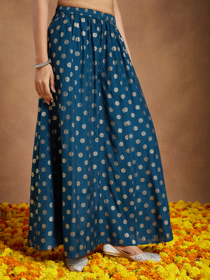 Teal Chanderi Straight Embellished 3-Piece Sharara Set