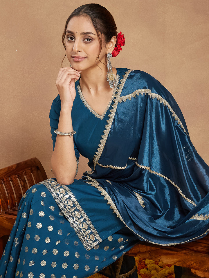 Teal Chanderi Straight Embellished 3-Piece Sharara Set