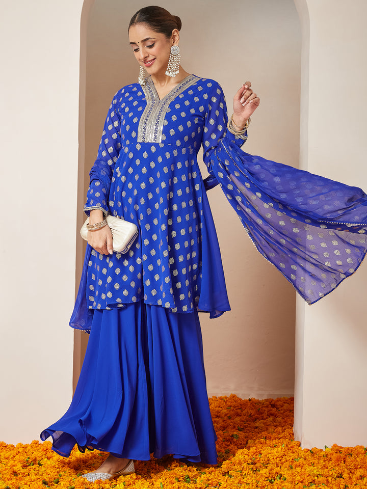 Royal Blue Georgette A-Line Foil Print 3-Piece Sharara Set