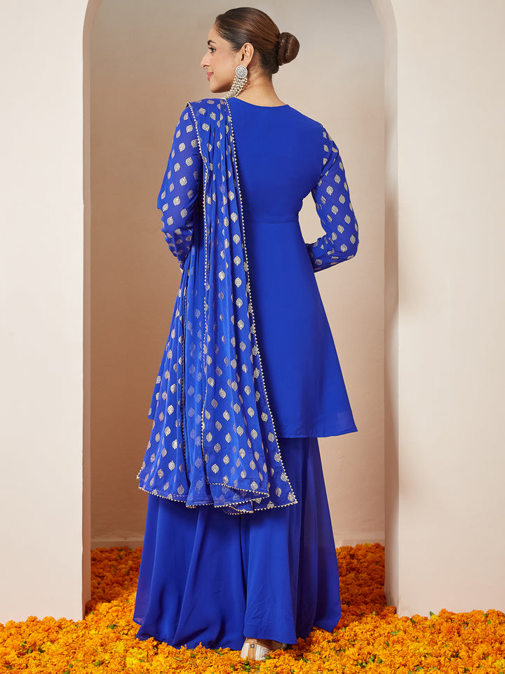 Royal Blue Georgette A-Line Foil Print 3-Piece Sharara Set