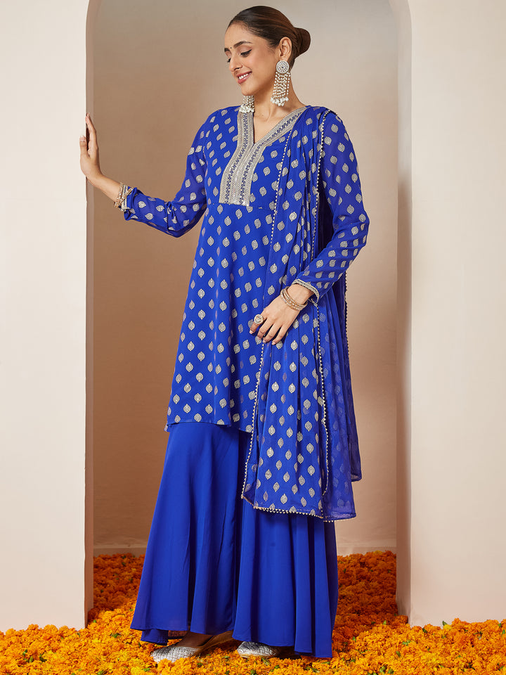 Royal Blue Georgette A-Line Foil Print 3-Piece Sharara Set