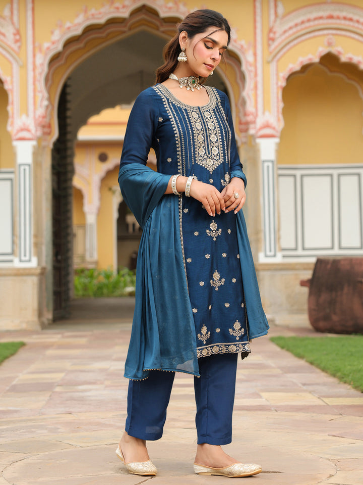 Blue Vichitra Blooming Straight Embroidered 3-Piece Kurta Set