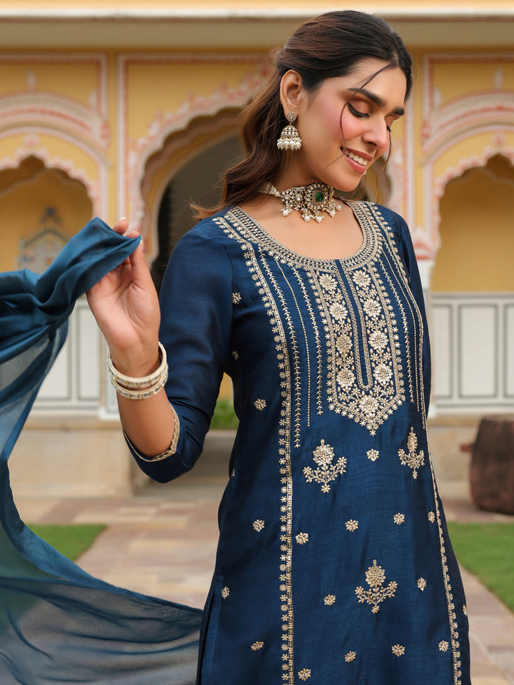 Blue Vichitra Blooming Straight Embroidered 3-Piece Kurta Set