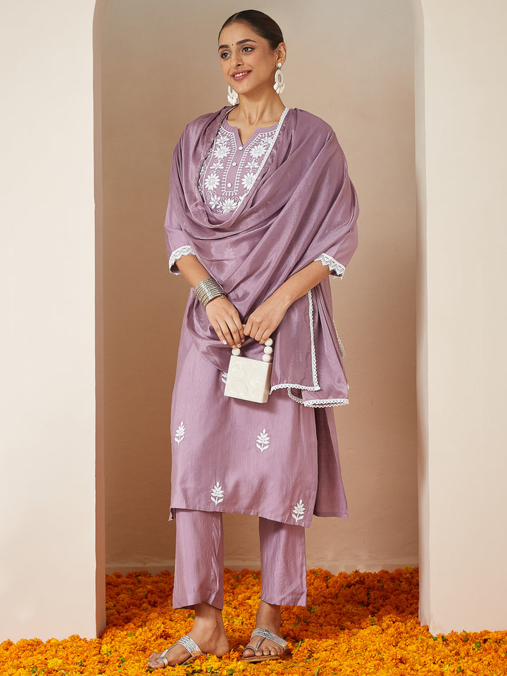 Lavender Pvgs Straight Embroidered 3-Piece Kurta Set