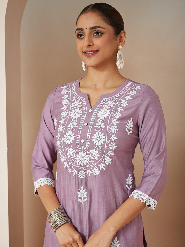 Lavender Pvgs Straight Embroidered 3-Piece Kurta Set