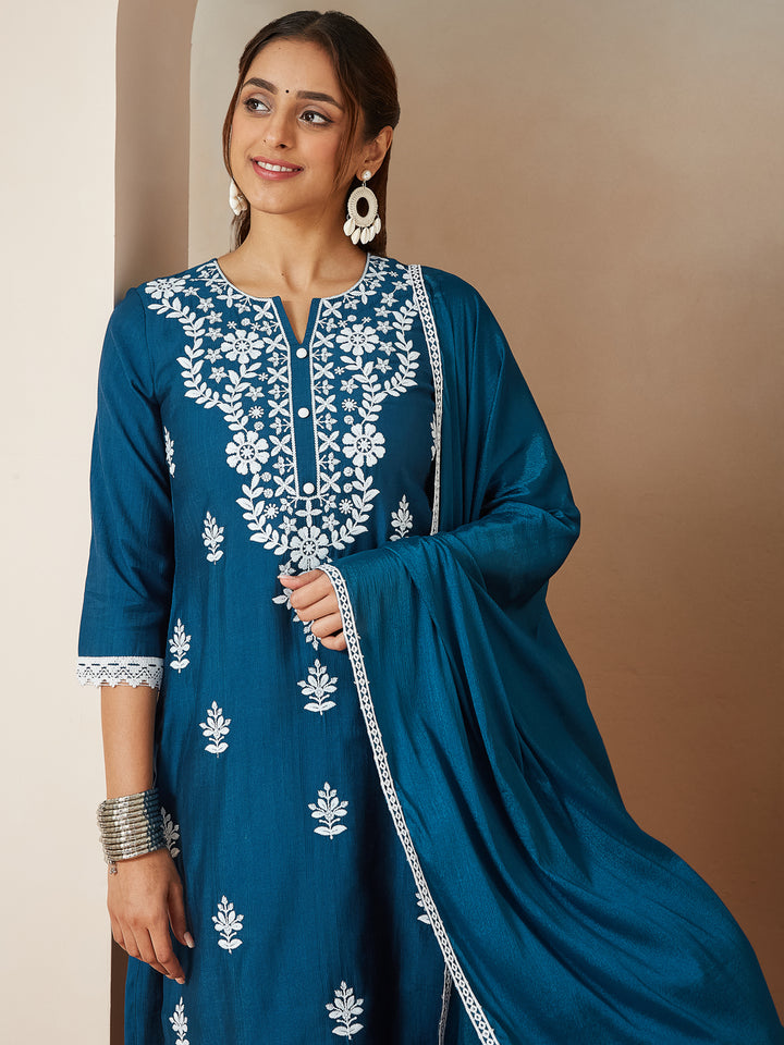 Teal Silk Blend Straight Embroidered 3-Piece Kurta Set