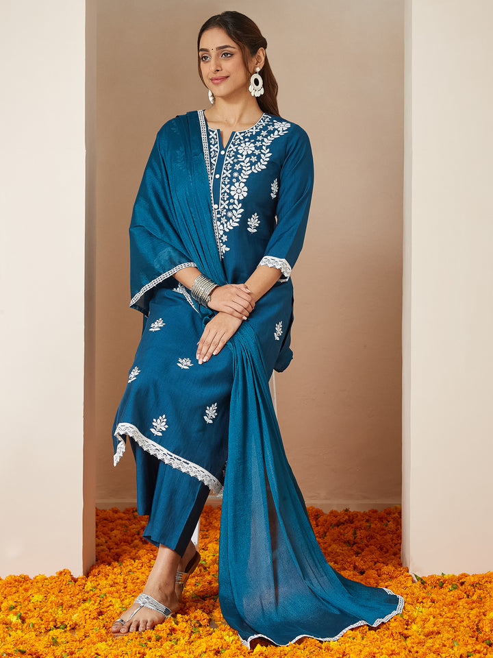Teal Silk Blend Straight Embroidered 3-Piece Kurta Set