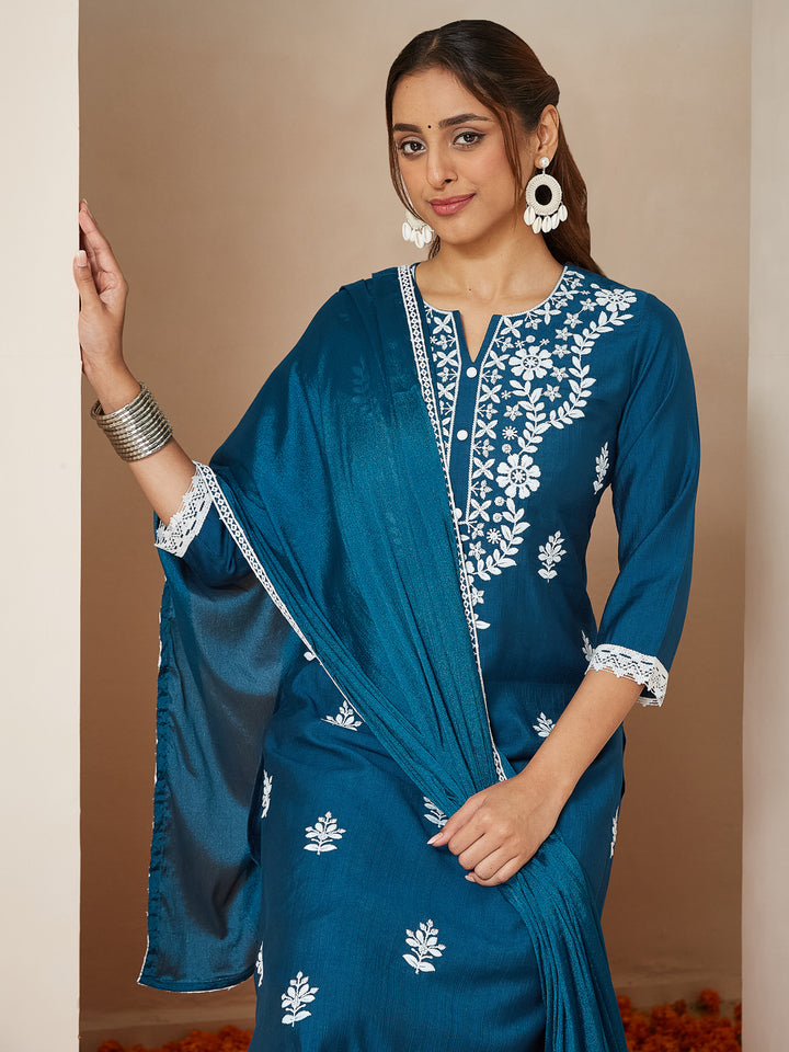 Teal Silk Blend Straight Embroidered 3-Piece Kurta Set