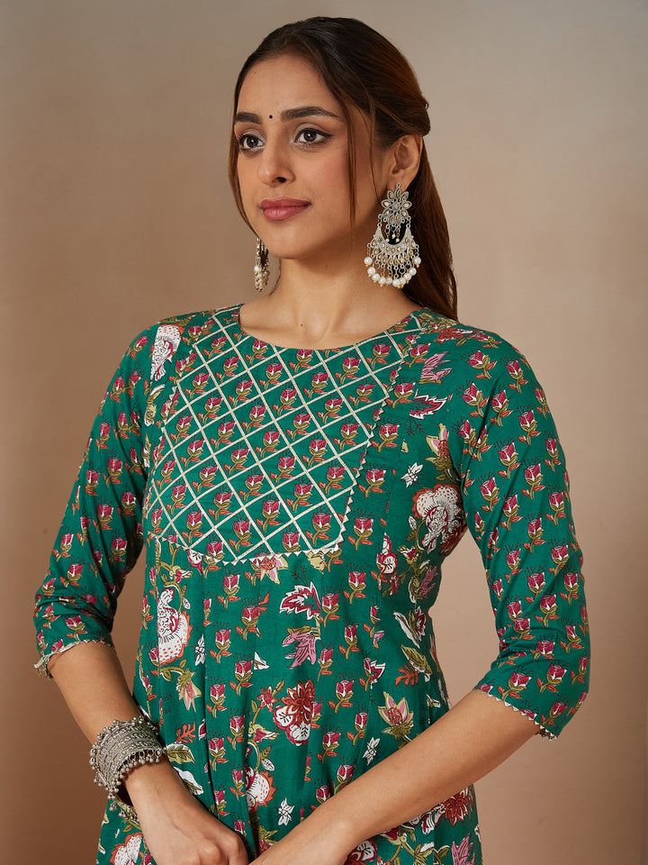 Green Cotton Anarkali Floral Printed 3-Piece Kurta Set