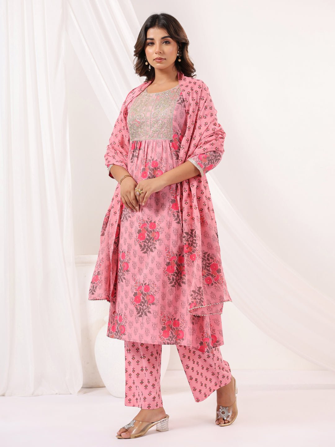 Soft-Pink-Cotton-A-Line-Floral-Printed-3-Piece-Kurta-Set