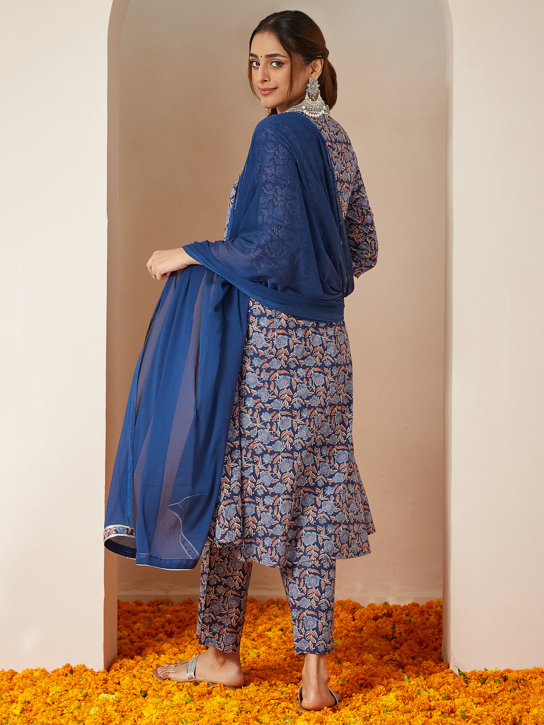 Blue Cambric A-Line Floral Printed 3-Piece Kurta Set