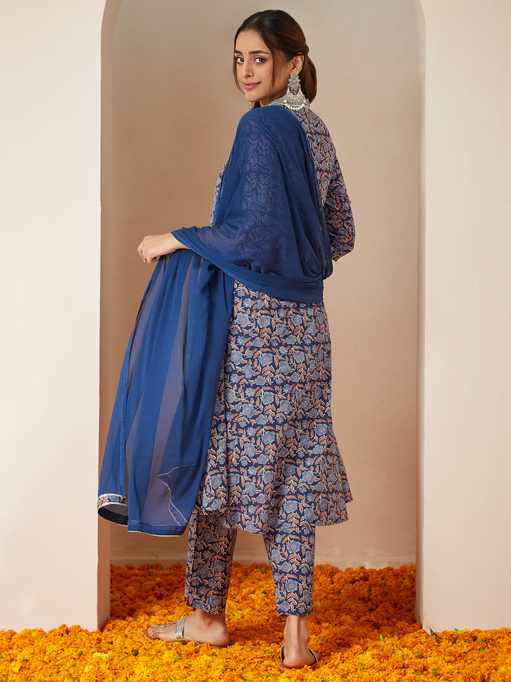 Blue Cambric A-Line Floral Printed 3-Piece Kurta Set