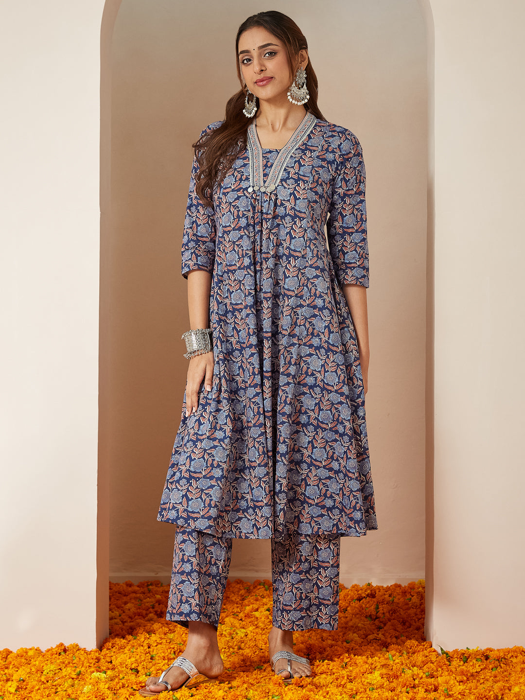 Blue Cambric A-Line Floral Printed 3-Piece Kurta Set
