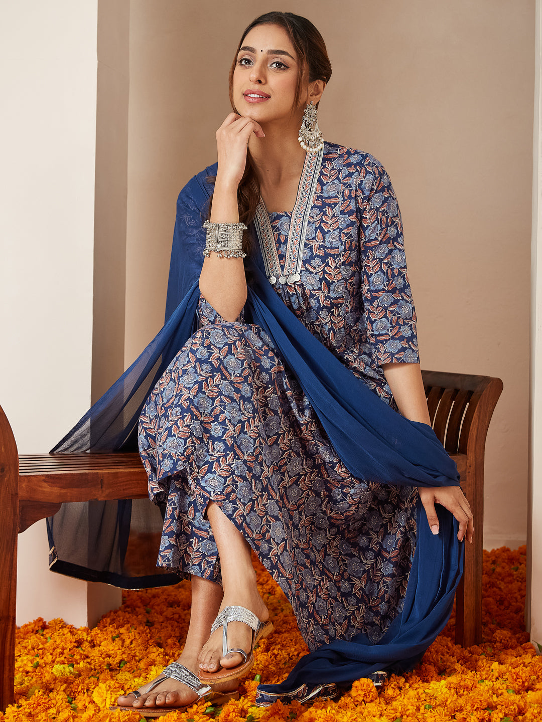 Blue-Cambric-A-Line-Floral-Printed-3-Piece-Kurta-Set