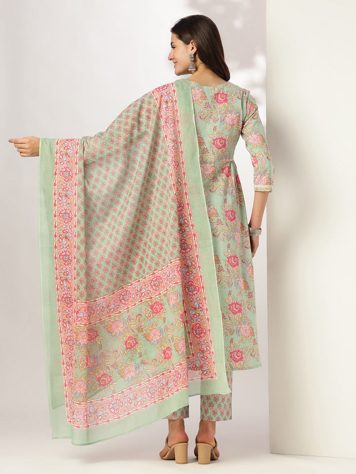 Aqua Cotton A-Line Floral Printed 3-Piece Kurta Set