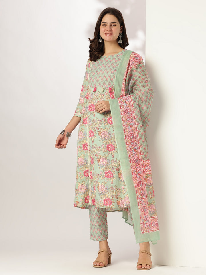Aqua Cotton A-Line Floral Printed 3-Piece Kurta Set