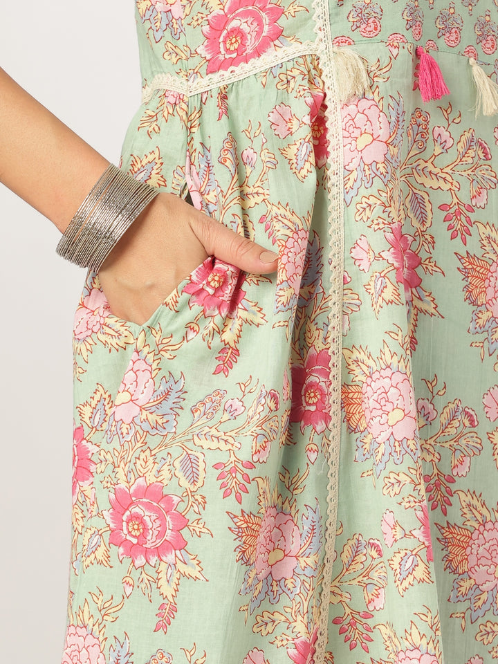 Aqua Cotton A-Line Floral Printed 3-Piece Kurta Set