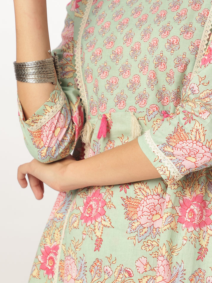 Aqua Cotton A-Line Floral Printed 3-Piece Kurta Set