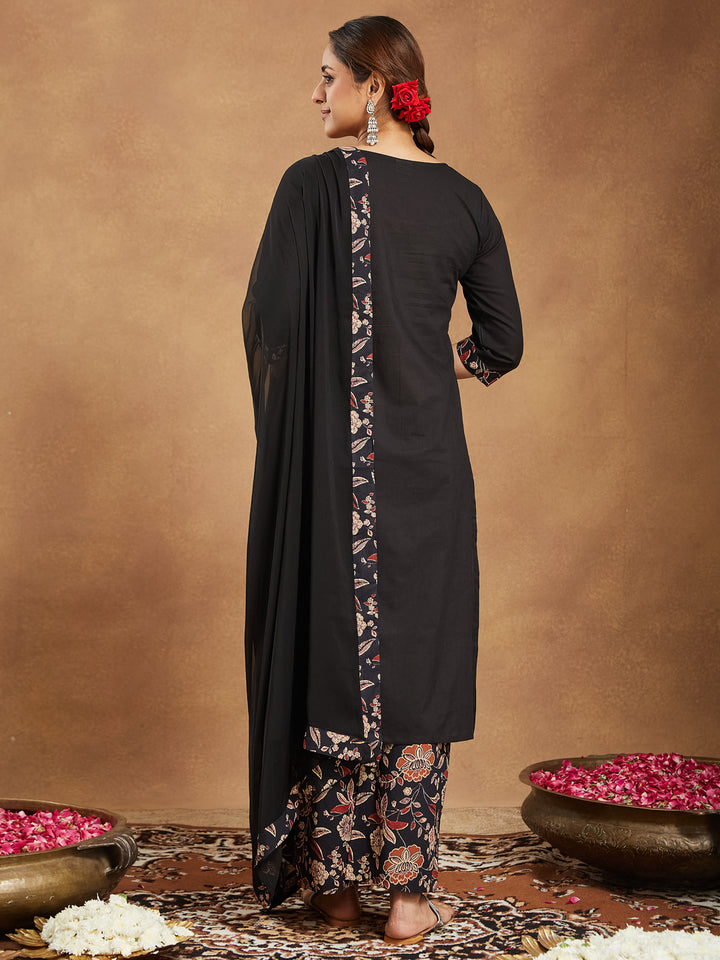 Black Cotton A-Line Floral Printed 3-Piece Kurta Set